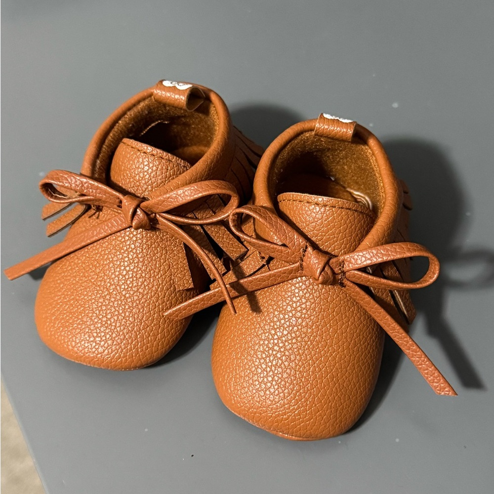 Brown Baby Moccasins with Bow and fringe